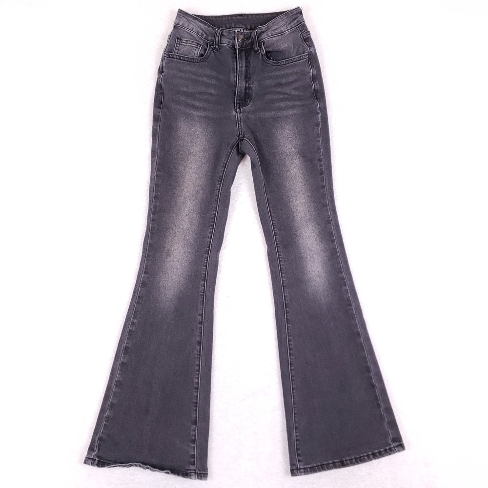 ROMWE Flare Jeans XS High Waisted Faded Black Rhinestone Cross Y2K Grunge Gothic